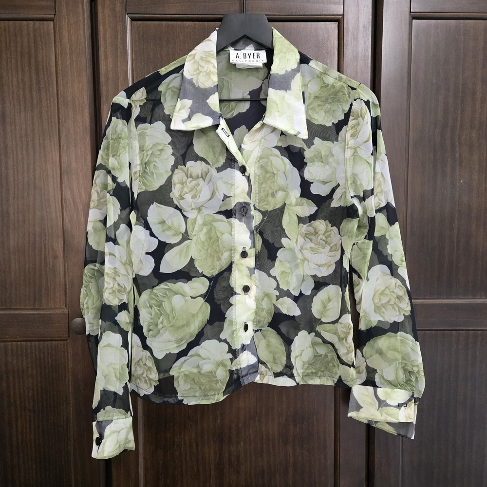 Vtg Y2K Womens Small Sheer Dark Floral Button Up Black Lime‎ Fairy Grunge Goth